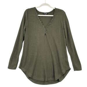 Amaryllis Olive‎ Green V Neck Button Detail Ribbed Texture Long Sleeve Top XL